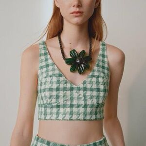 ZARA Green and White Checkered (Gingham) Crop Top